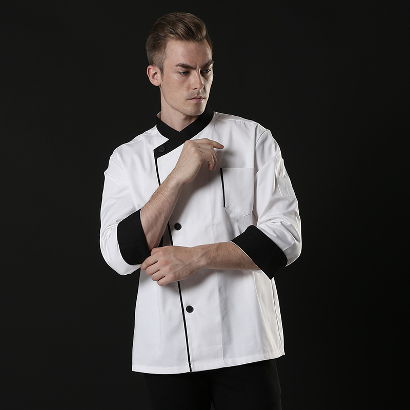 right openning breathable cotton blends fabric black collar hem white chef uniform chef coat jacket