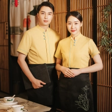 2022 fashion yellow shirt restaurant unform short sleeve shirt with apron design discount 