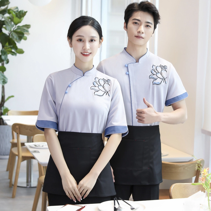 2025 new design lotus print women men waiter fu wu yuan workwear uniform