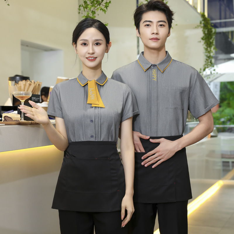 Asian style waiter waitress shirt with apron tea house bar uniform