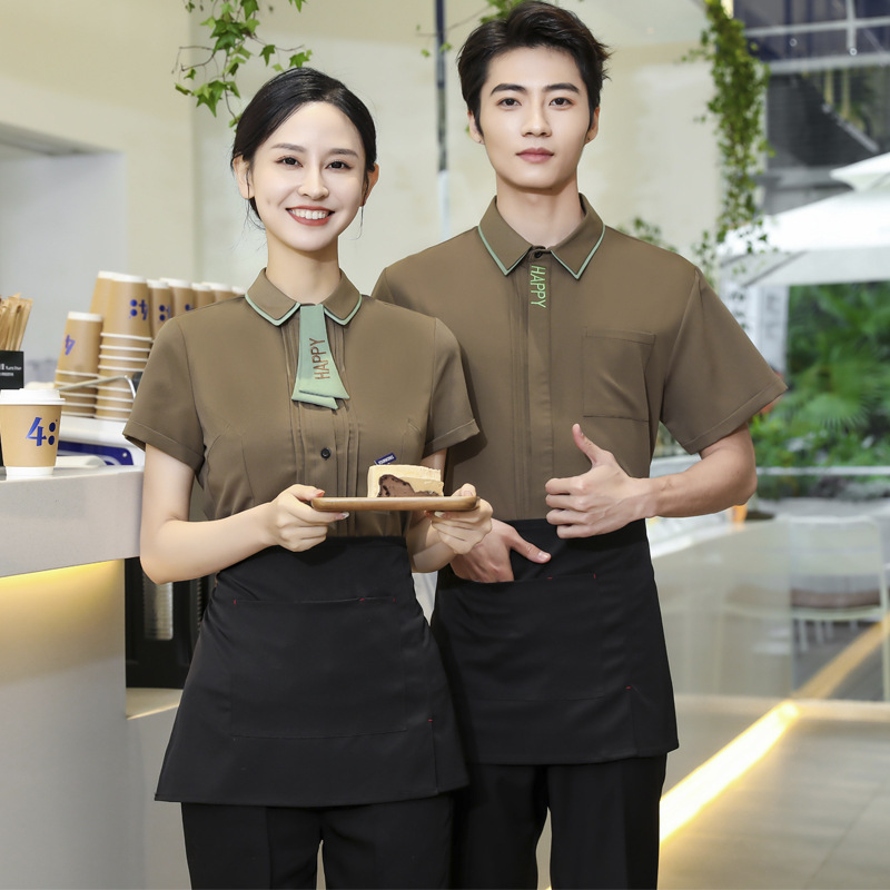 Asian style waiter waitress shirt with apron tea house bar uniform