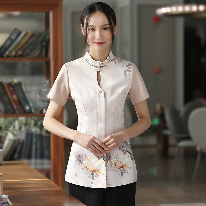 2022 chinese style ink painting spa store tea house waiter uniform working wear