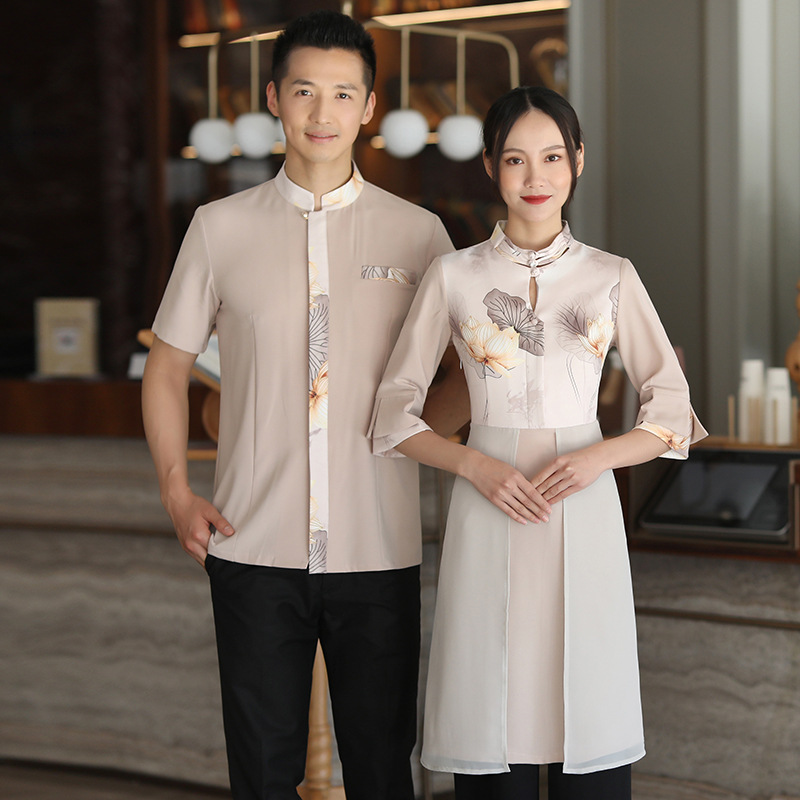 2022 chinese style ink painting spa store tea house waiter uniform working wear