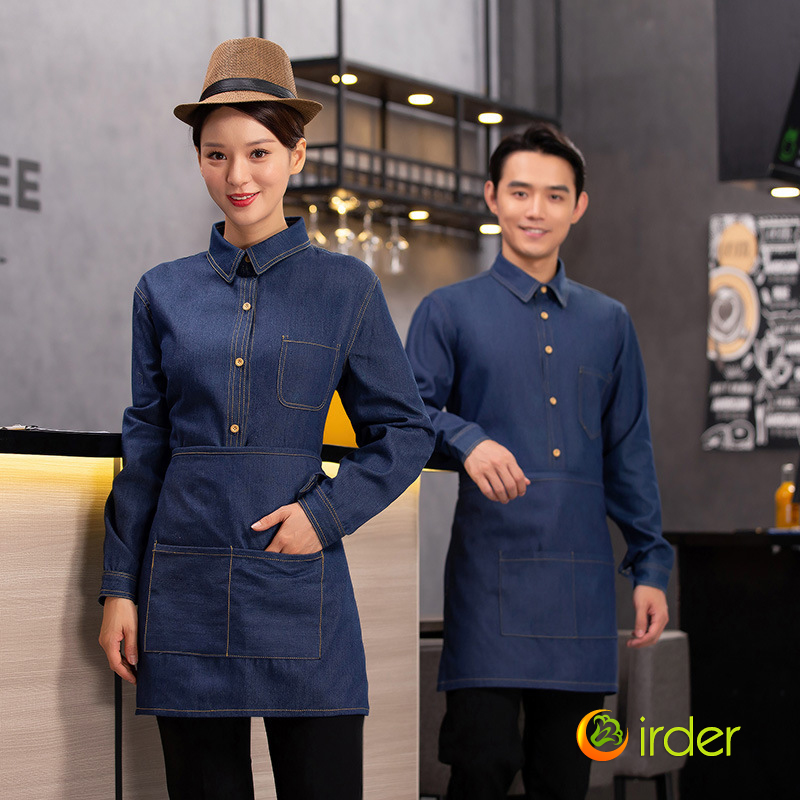 good quality demin fabric restaurant cafe bar waiter staff jacket with apron uniform
