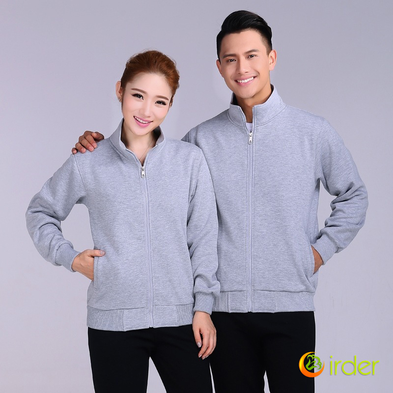 grey solid color zipper hoodie sweater work uniform custom logo support