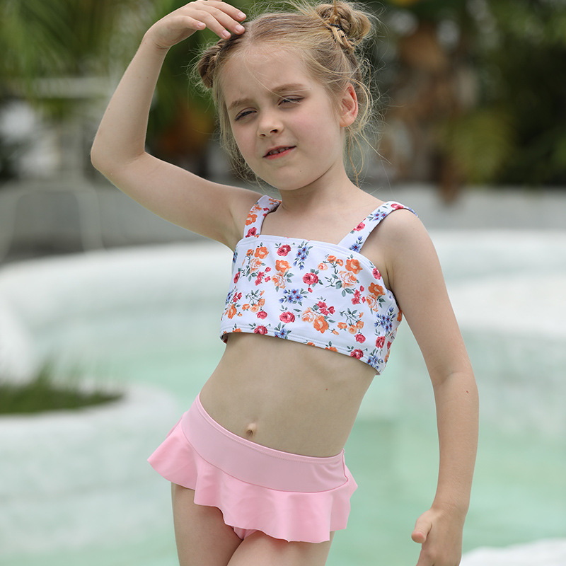 2022 Australia pink short flower top two-piece design children girl kid swimsuit swimwear
