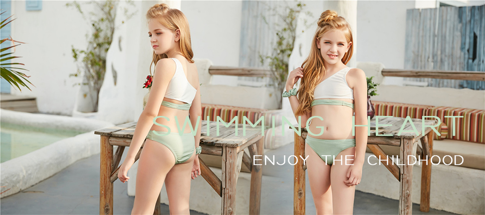 Europe light green white teen girl swimwear swimming suit