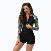 2025 girl swimwear plants printing long sleeve  one-piece swimwear model 1015 Color 1013